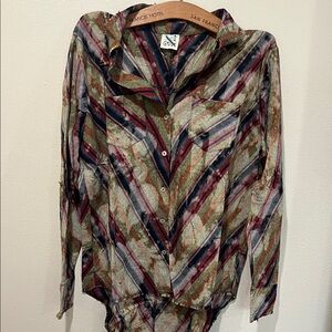 Jaded Gypsy- Striped Button-Front Blouse in Olive Multi